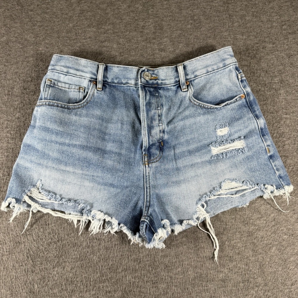 PACSUN High-Rise Distressed Denim Shorts Size 30 Light Wash Frayed Hem 2" Inseam